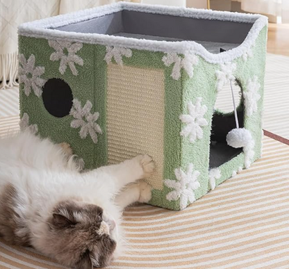 Casita de tejido de Sherpa para Gatos -Diseño Verde Flores · Doble nivel para jugar y descansar