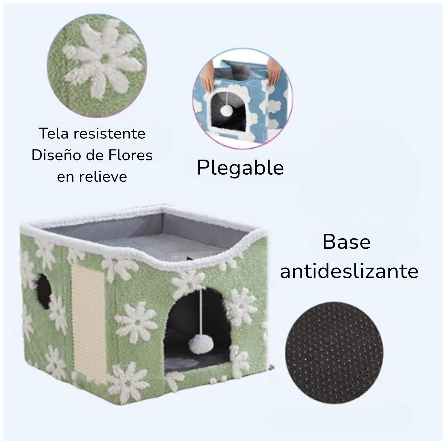 Casita de tejido de Sherpa para Gatos -Diseño Verde Flores · Doble nivel para jugar y descansar