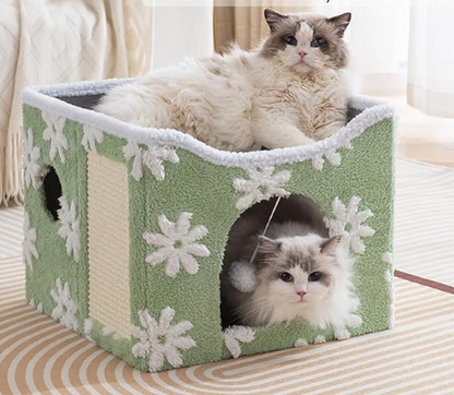 Casita de tejido de Sherpa para Gatos -Diseño Verde Flores · Doble nivel para jugar y descansar