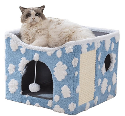 🐱 Casita de tejido Sherpa para Gatos -Diseño de nubes · Doble nivel para jugar y descansar