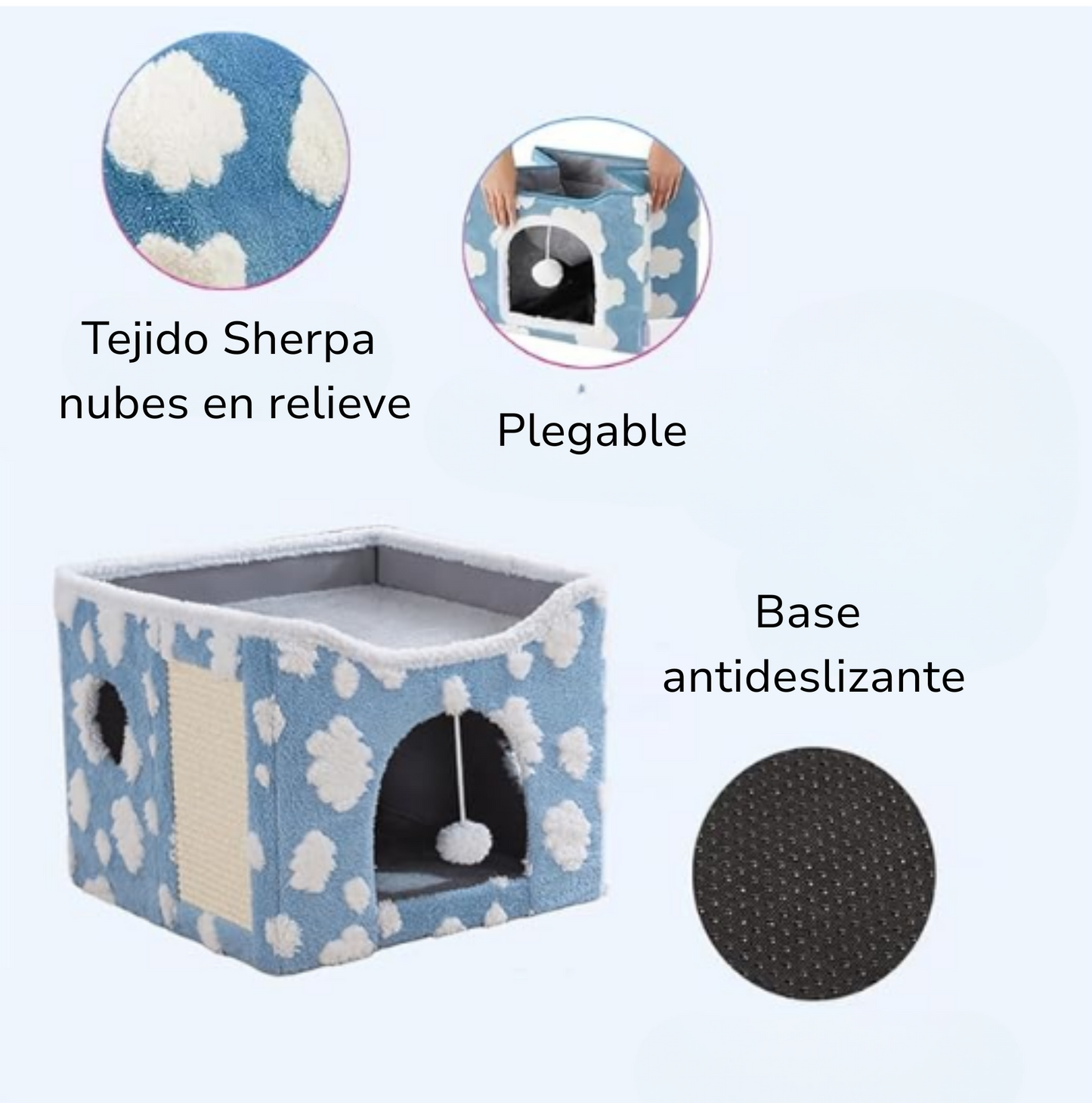 🐱 Casita de tejido Sherpa para Gatos -Diseño de nubes · Doble nivel para jugar y descansar