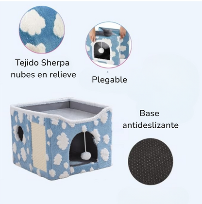 🐱 Casita de tejido Sherpa para Gatos -Diseño de nubes · Doble nivel para jugar y descansar