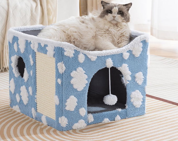 🐱 Casita de tejido Sherpa para Gatos -Diseño de nubes · Doble nivel para jugar y descansar