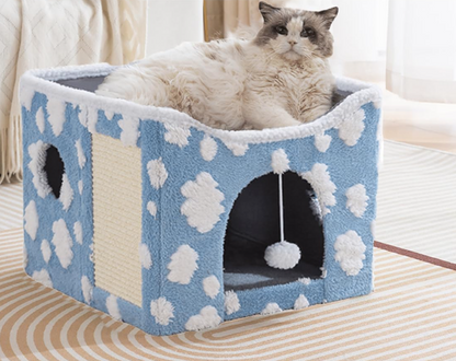 🐱 Casita de tejido Sherpa para Gatos -Diseño de nubes · Doble nivel para jugar y descansar