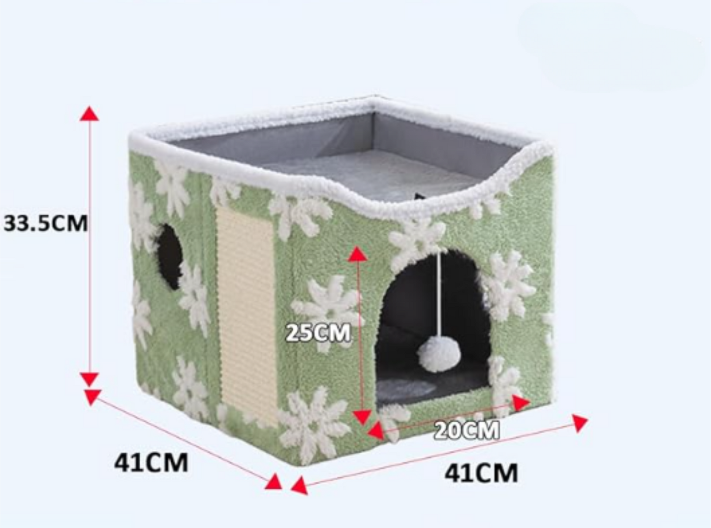 Casita de tejido de Sherpa para Gatos -Diseño Verde Flores · Doble nivel para jugar y descansar