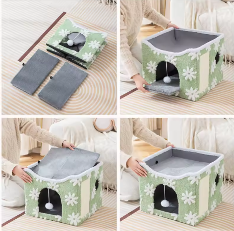 Casita de tejido de Sherpa para Gatos -Diseño Verde Flores · Doble nivel para jugar y descansar