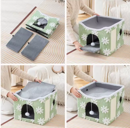Casita de tejido de Sherpa para Gatos -Diseño Verde Flores · Doble nivel para jugar y descansar