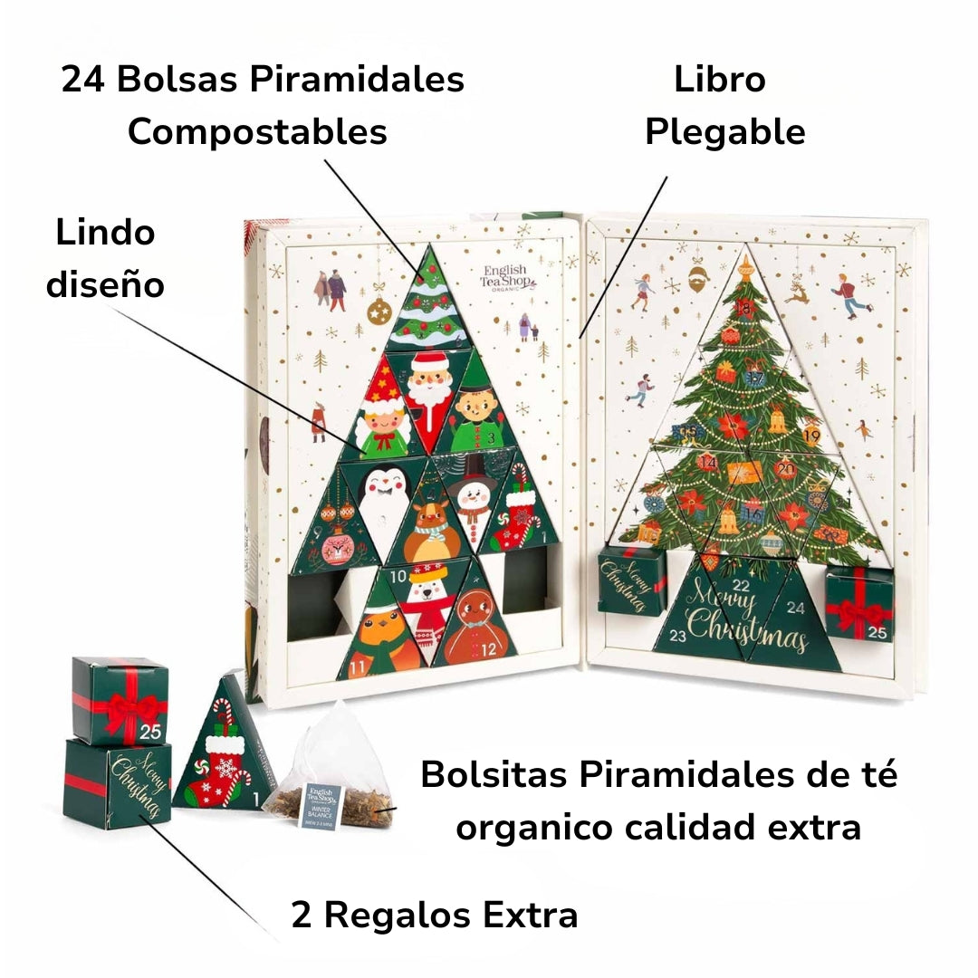 🗓️🎄🫖 Calendario de Adviento "Libro de Té", BIO, 24 x Té de Frutas, Té de Hierbas, Té de Navidad en Bolsitas de Pirámide