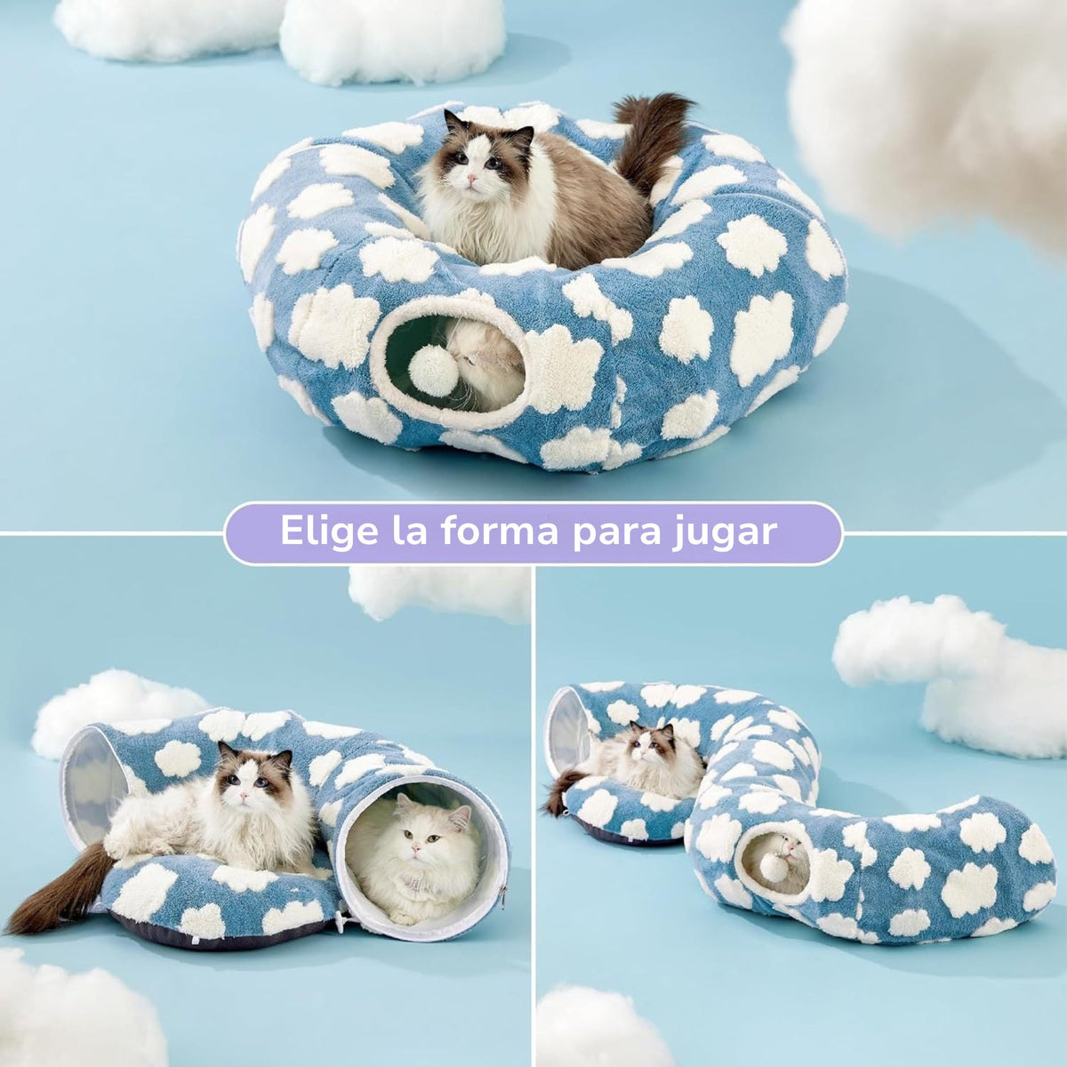 Túnel para gatos 2 en 1 · Diseño nubes