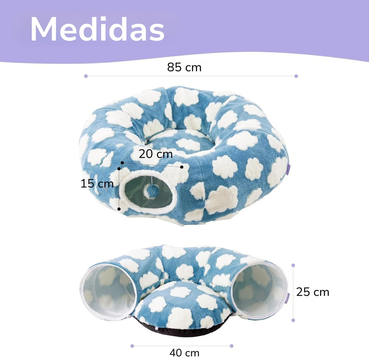 Túnel para gatos 2 en 1 · Diseño nubes