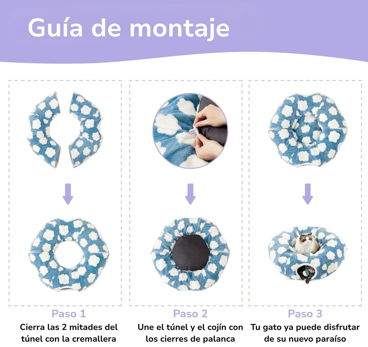 Túnel para gatos 2 en 1 · Diseño nubes